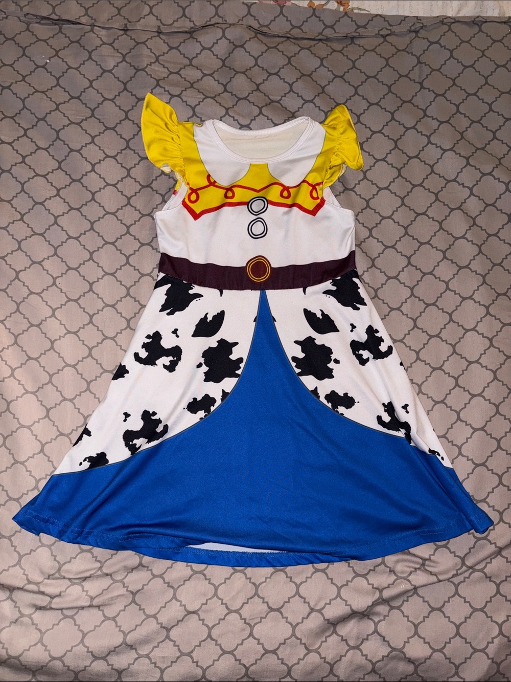 Cow-Print & Blue Kids Nightgown with Yellow Shoulder Detail